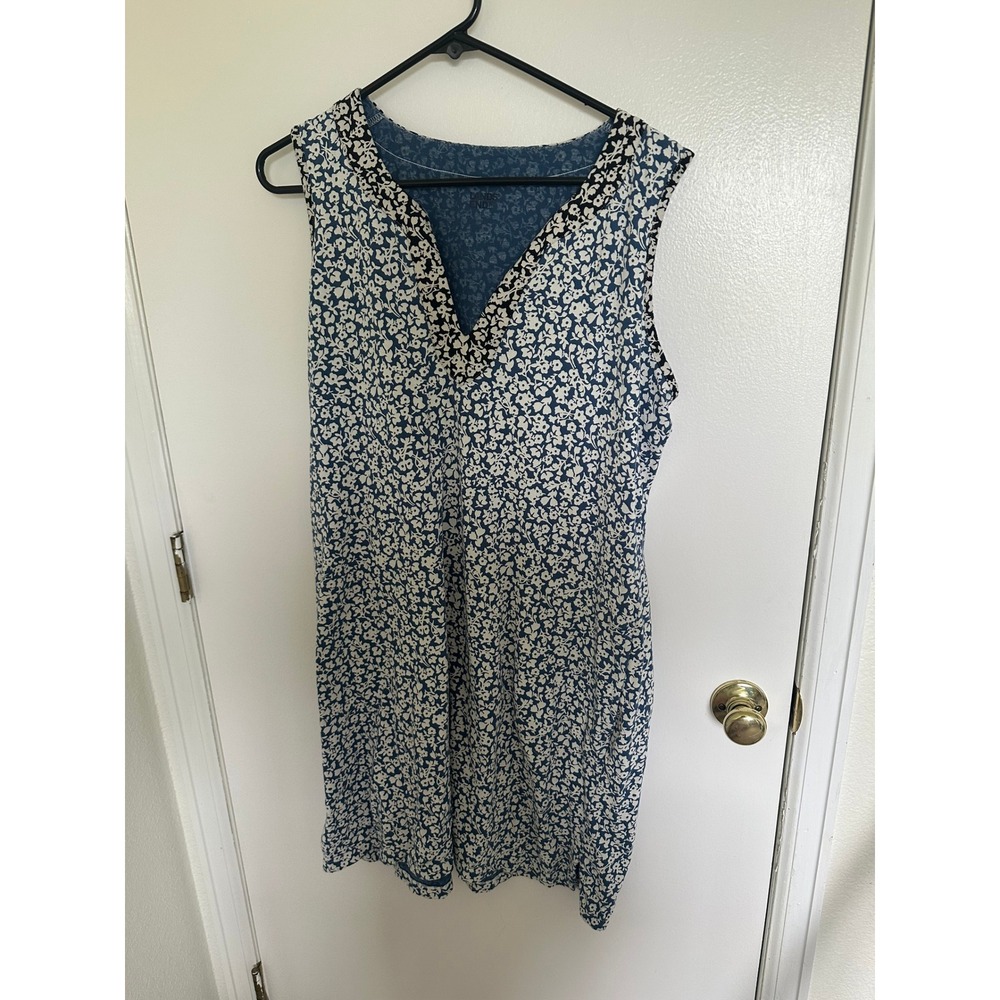 Lands End Womens Blue Floral Cotton V-Neck Sleeveless Shift Pocket Dress Large